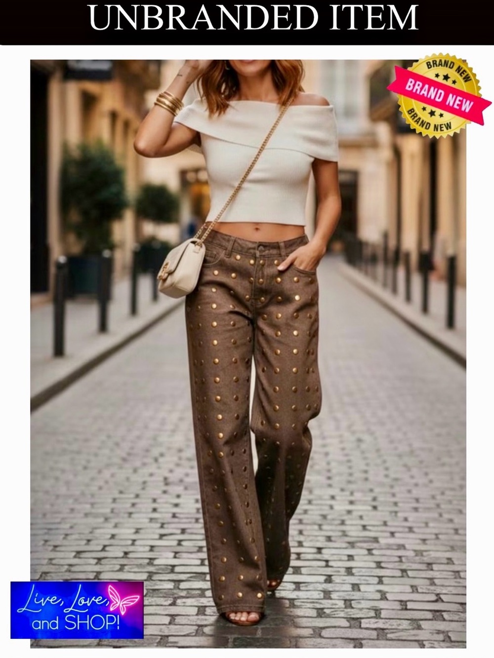PANTS: Brown Riveted/Studded Wide-Leg Denim, NWOT